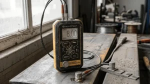 "Weathered ultrasonic thickness gauge measuring steel plates on a construction site, verifying steel thickness per SNI standards for structural integrity."