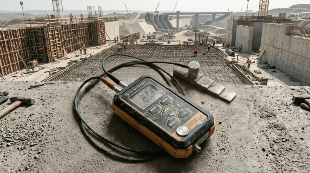 Weathered ultrasonic thickness gauge with IP65/IP67 rating, resting on a dusty construction site concrete surface, showing authentic field use patina.