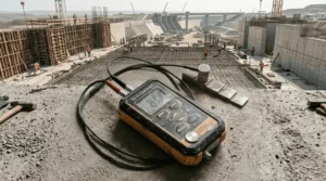 Weathered ultrasonic thickness gauge with IP65/IP67 rating, resting on a dusty construction site concrete surface, showing authentic field use patina.