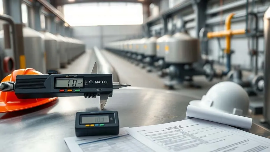 Mikrometer mengukur ketebalan dinding tangki penyimpanan bahan kimia baja di fasilitas industri, dengan alat pengukur digital dan cetak biru.