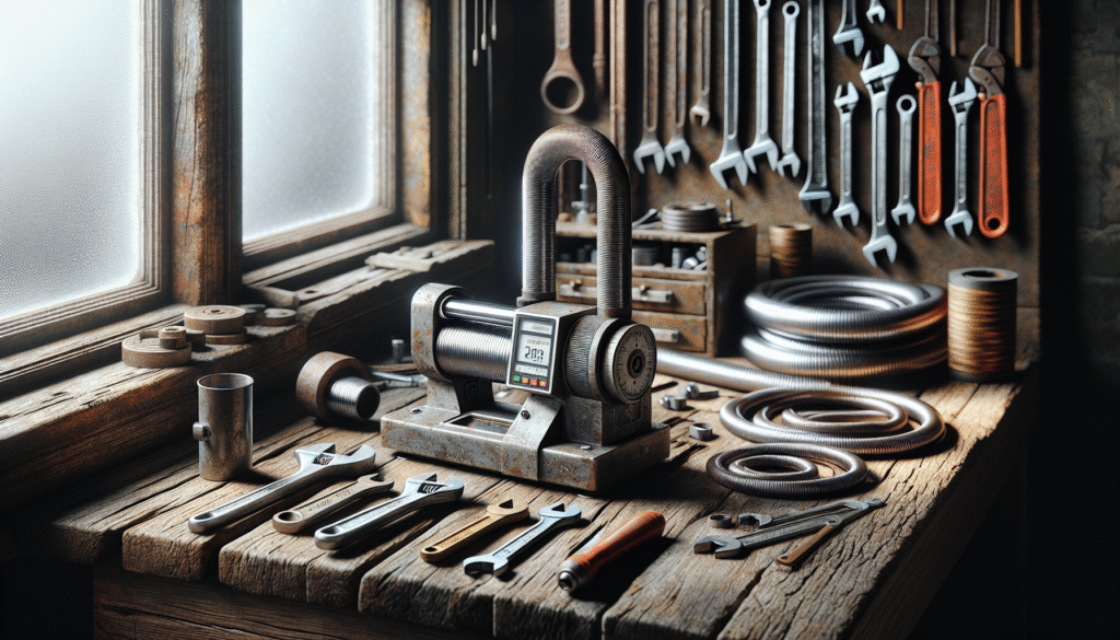 Portable metal pipe hardness tester on a contractor's workbench with tools and a tested pipe sample.