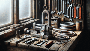 Portable metal pipe hardness tester on a contractor's workbench with tools and a tested pipe sample.