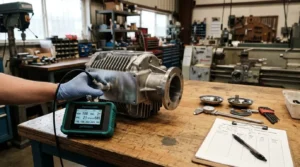 Portable hardness tester probe testing a large pump component for UCI or Leeb analysis in a workshop.