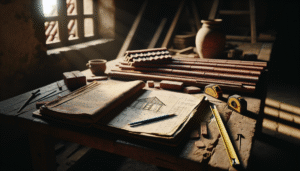 A worn notebook with hand-drawn diagrams for a simple house, a traditional clay roof tile, and tools on a wooden table for a rumah sederhana risk analysis.