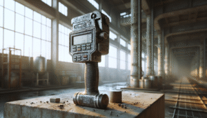 Weathered Schmidt hammer on cracked concrete column in a chemical plant, demonstrating digital concrete audit for structural integrity.