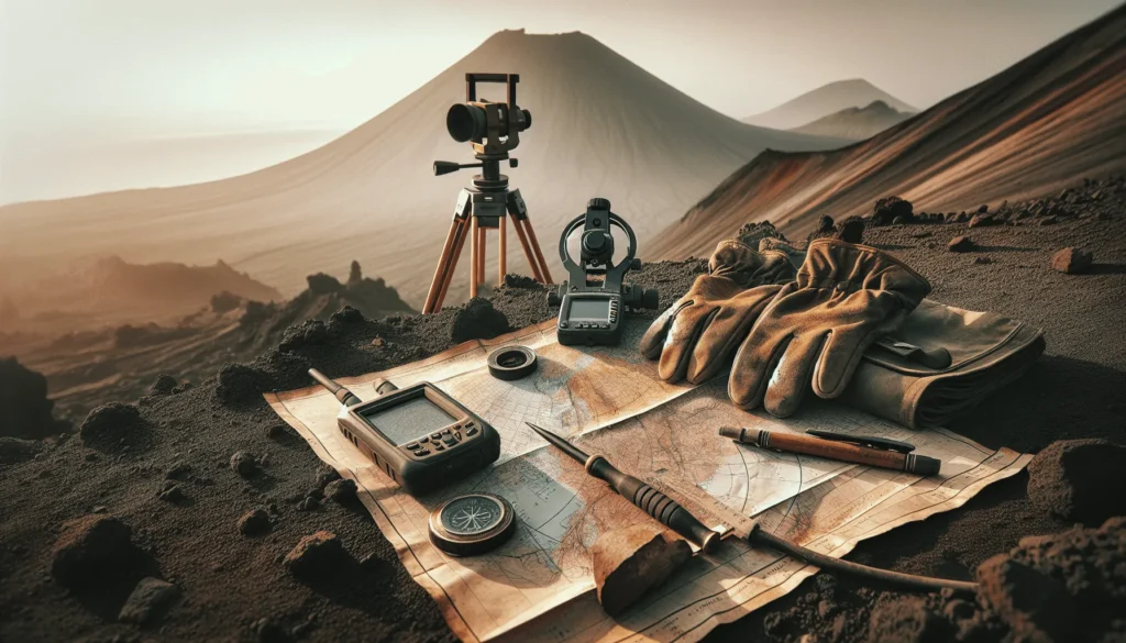 Geologist's field equipment for volcanic hazard zone safety audit on a rugged slope.