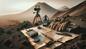 Geologist's field equipment for volcanic hazard zone safety audit on a rugged slope.