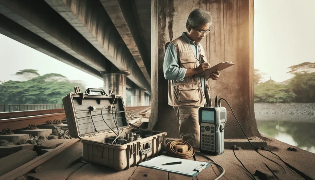 Engineer conducting Non-Destructive Testing (NDT) with an ultrasonic flaw detector on a concrete bridge girder in Indonesia for a safety audit.