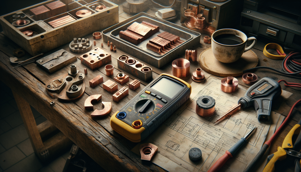 Close-up of weathered copper busbar samples and electrical panel components on a workbench with inspection tools, illustrating a comprehensive electrical panel and busbar audit guide.