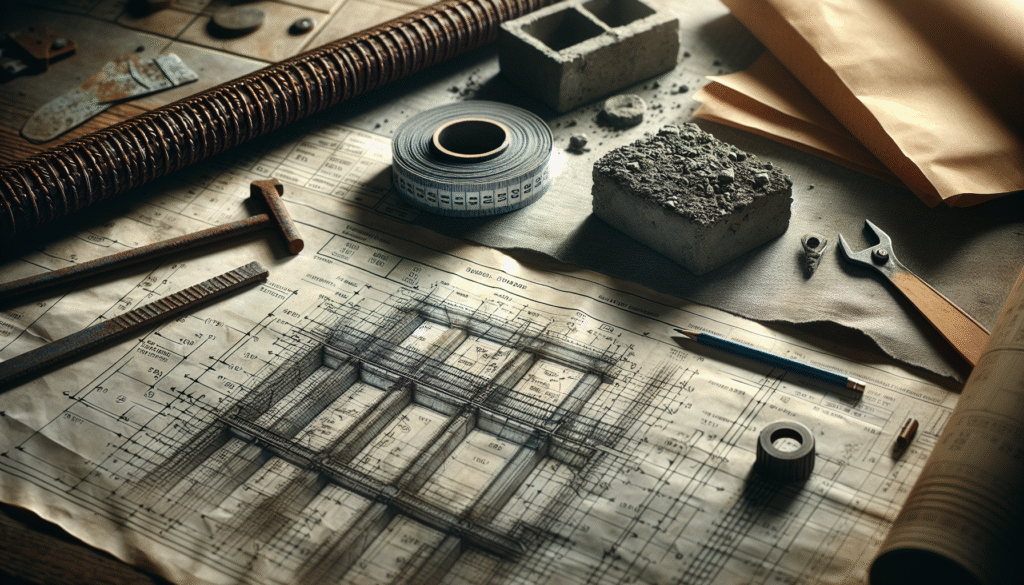 Blueprint balok latei beton, rebar, dan sampel beton di meja insinyur untuk desain, perhitungan, dan perkuatan.