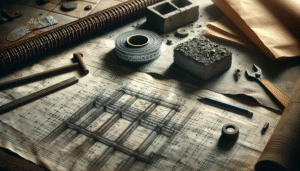 Blueprint balok latei beton, rebar, dan sampel beton di meja insinyur untuk desain, perhitungan, dan perkuatan.