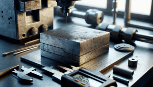 Blok kalibrasi logam usang dan alat ukur presisi di lab kontrol kualitas material konstruksi.