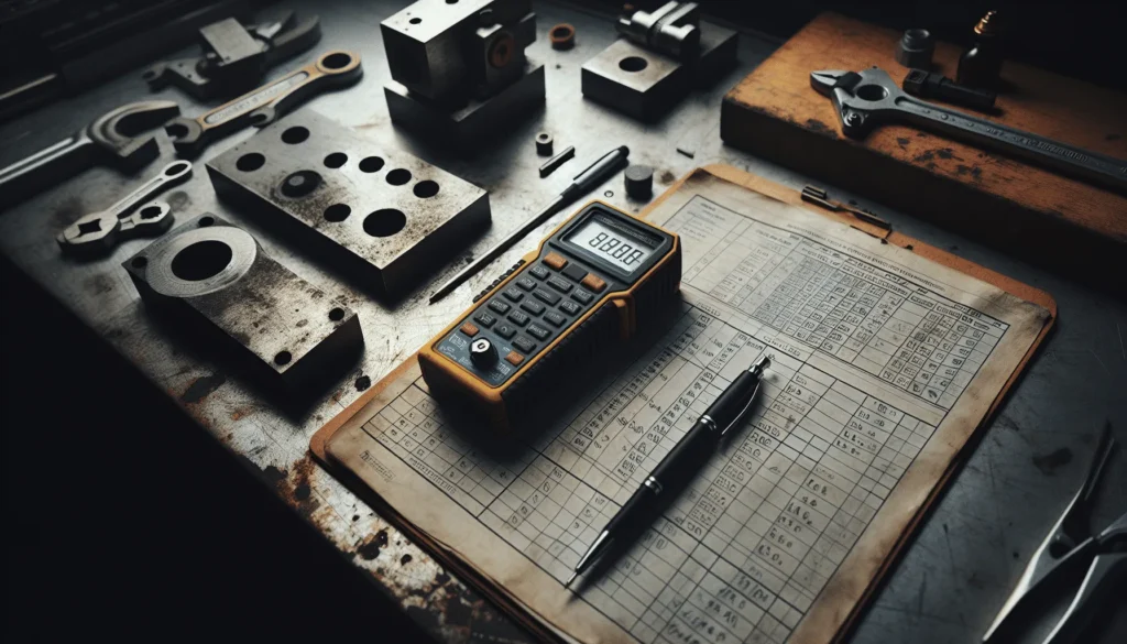 Professional technician using a digital thickness meter to take precise measurements on a steel calibration block, analyzing data for steel quality.