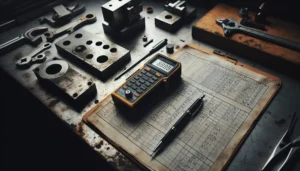 Professional technician using a digital thickness meter to take precise measurements on a steel calibration block, analyzing data for steel quality.