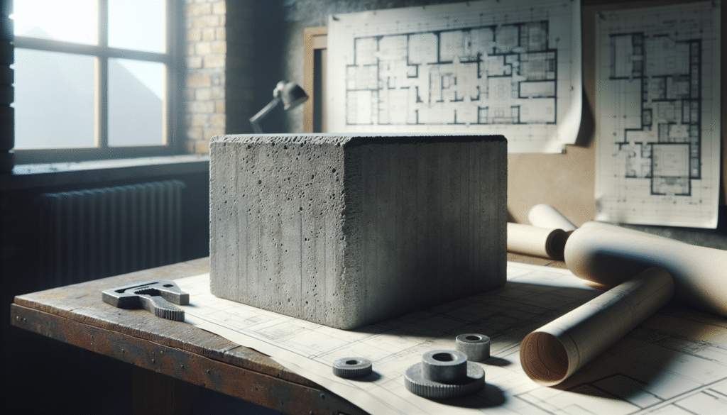 Blok sampel beton yang lapuk di meja, dengan cetak biru arsitektur, untuk efisiensi energi bangunan.