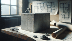 Blok sampel beton yang lapuk di meja, dengan cetak biru arsitektur, untuk efisiensi energi bangunan.