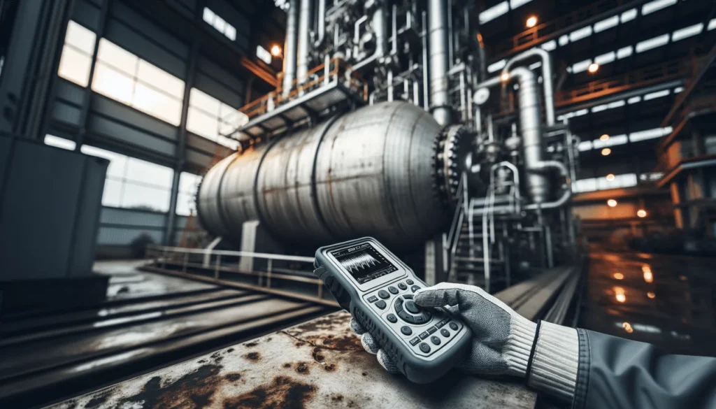 Professional technician performing ultrasonic inspection on a weathered biofuel reactor vessel to prevent leaks in an industrial plant.