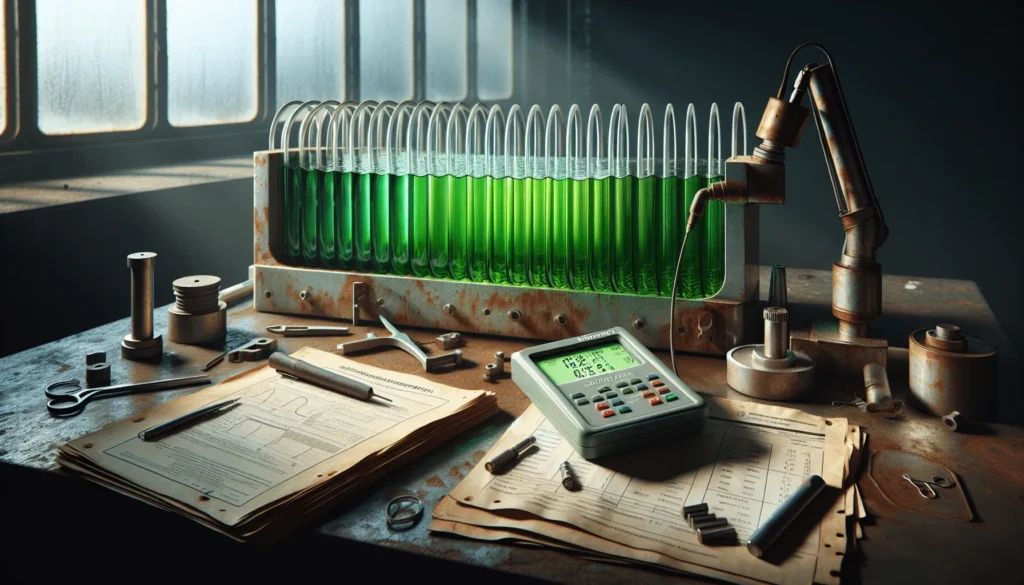 NOVOTEST UT-1M ultrasonic thickness gauge measuring a curved microalgae reactor wall in a professional maintenance setting.