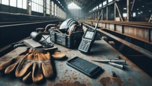 Professional technician using a NOVOTEST UT-1M ultrasonic thickness gauge to inspect a weathered steel truss in an industrial setting.