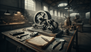 Close-up of a worn industrial gear on a workshop bench with tools and handwritten calculations for Sisa Umur Pakai (RUL) analysis.