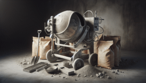 Concrete mixer, cement, sand, and gravel for mastering strong concrete composition.