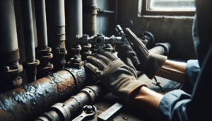 A building engineer inspecting corroded sprinkler pipe with a borescope camera, demonstrating internal corrosion detection in a high-rise mechanical room.
