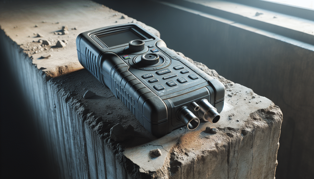 Alat flaw detector di balok latei beton, menunjukkan deteksi retak tersembunyi.