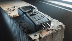 Alat flaw detector di balok latei beton, menunjukkan deteksi retak tersembunyi.