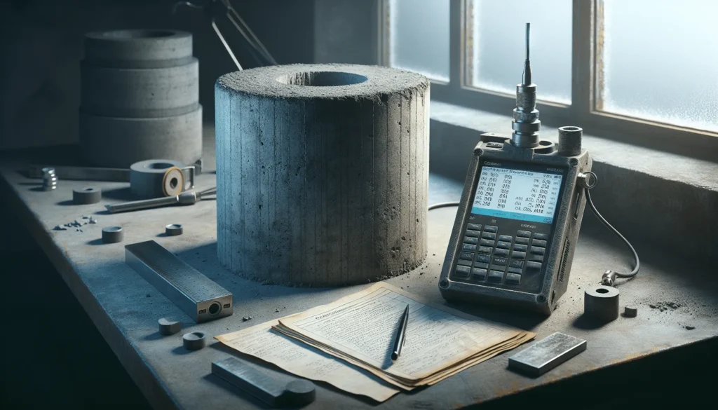 Uji Ultrasonic Pulse Velocity pada silinder beton di laboratorium teknik sipil untuk estimasi kuat tekan