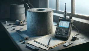 Uji Ultrasonic Pulse Velocity pada silinder beton di laboratorium teknik sipil untuk estimasi kuat tekan