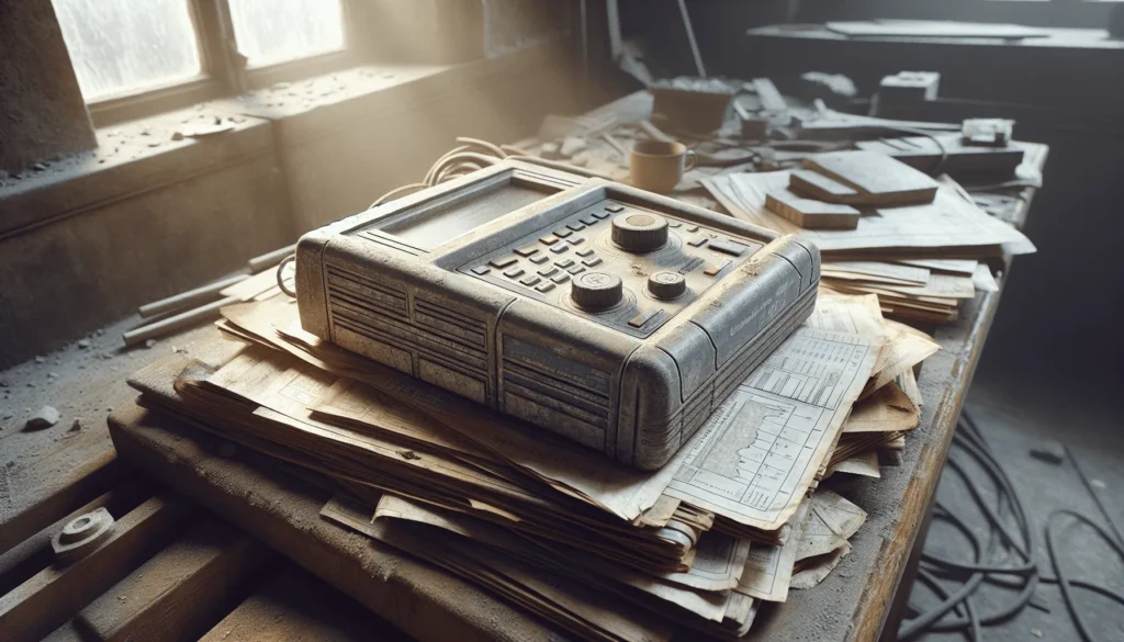 Weathered ultrasonic concrete testing device on technical documents at a light steel construction site, demonstrating evaluation for construction projects.