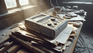 Weathered ultrasonic concrete testing device on technical documents at a light steel construction site, demonstrating evaluation for construction projects.