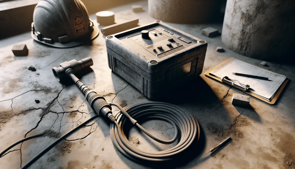 Weathered ultrasonic pulse velocity tester on aged concrete with crack patterns, worn sensor cable, and safety gear in semi-outdoor construction site, illustrating non-destructive beton struktur existing evaluation.