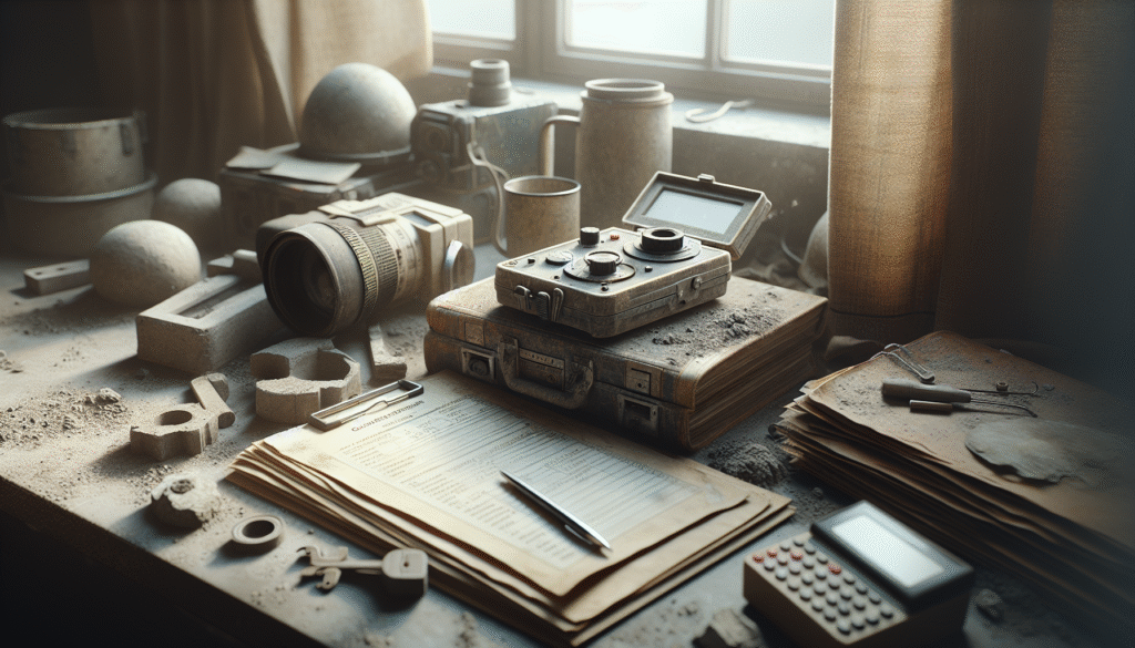 Civil engineer's post-earthquake assessment workspace with NDT device and concrete testing equipment for evaluating infrastructure damage in Pacitan.