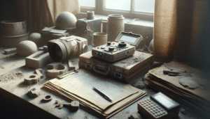 Civil engineer's post-earthquake assessment workspace with NDT device and concrete testing equipment for evaluating infrastructure damage in Pacitan.