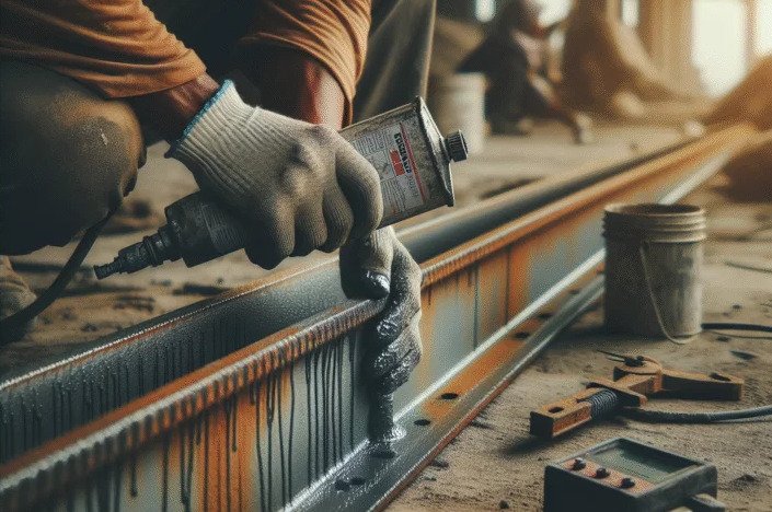 Professional applying protective coating to a corroded steel beam on a construction site in Indonesia, demonstrating corrosion risk control.