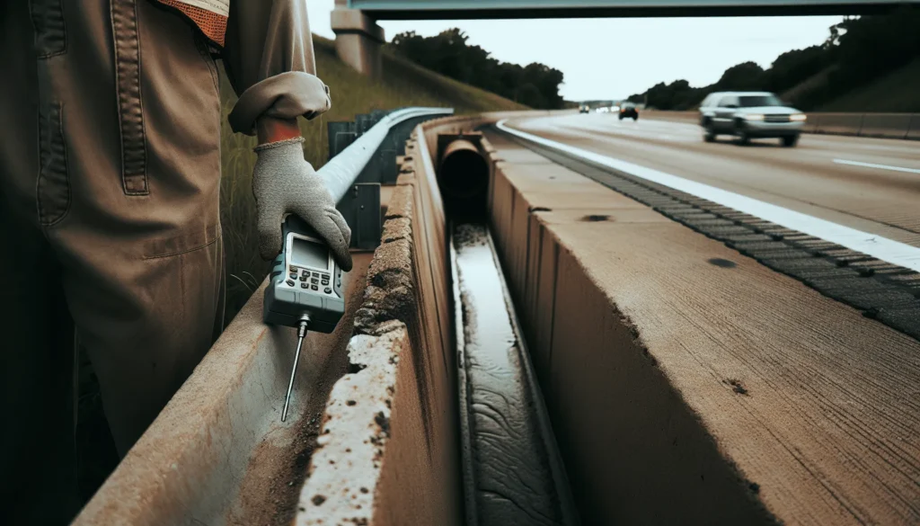Close-up of a technician evaluating a weathered concrete drainage channel and rusted steel guardrail on a toll road using a non-destructive testing device.