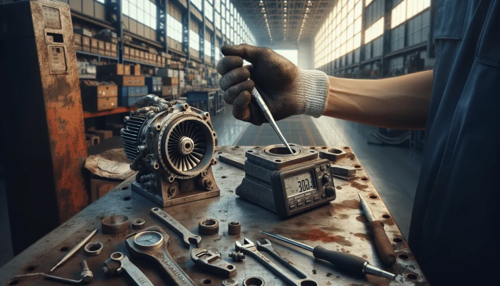 Evaluasi risiko teknis mesin pesawat dengan block calibration gauge dan pengujian adhesi pasca-insiden Airbus A330 di bengkel hangar.