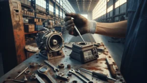 Evaluasi risiko teknis mesin pesawat dengan block calibration gauge dan pengujian adhesi pasca-insiden Airbus A330 di bengkel hangar.