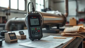 Handheld ultrasonic thickness gauge probe measuring a metal pipe with digital display visible, surrounded by calibration blocks, thermometer, and hygrometer in a functional workshop.