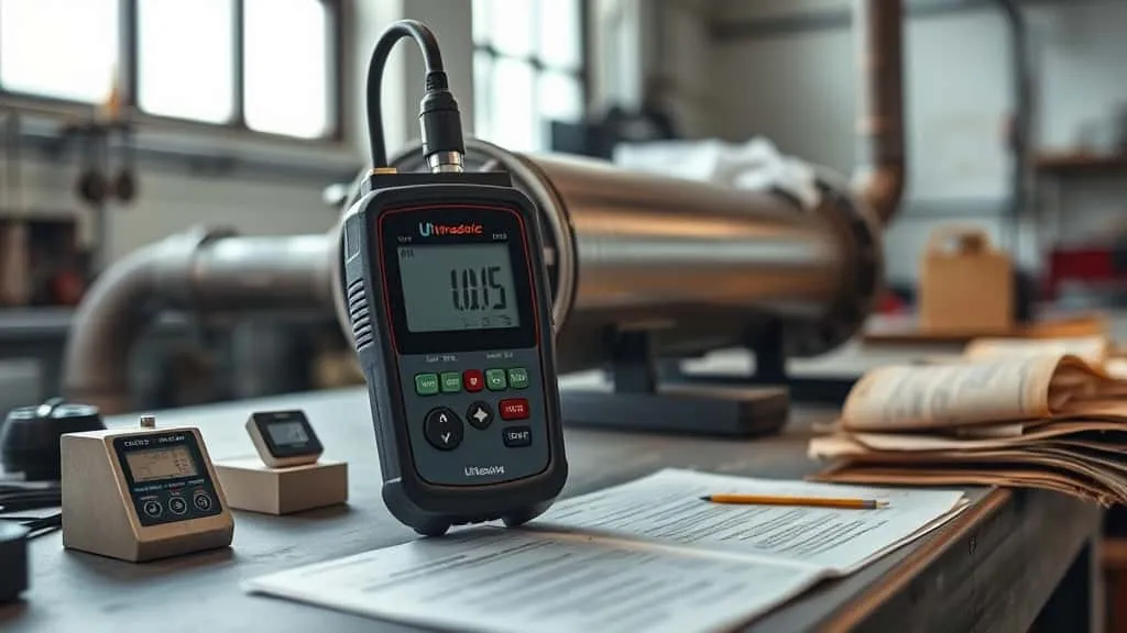 Handheld ultrasonic thickness gauge probe measuring a metal pipe with digital display visible, surrounded by calibration blocks, thermometer, and hygrometer in a functional workshop.