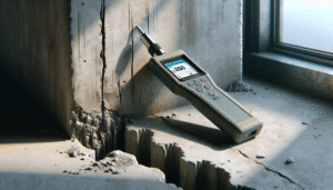 Ultrasonic concrete flaw detector on a weathered lintel beam, detecting hidden cracks.