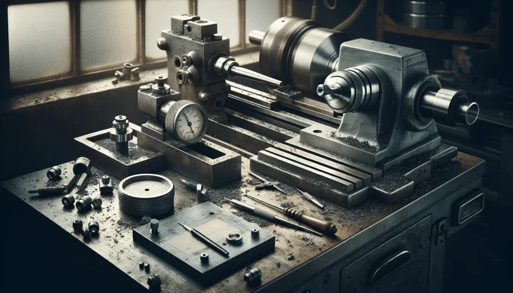 Hardness tester and thickness gauge integrated on a steel workbench in a professional lathe workshop.