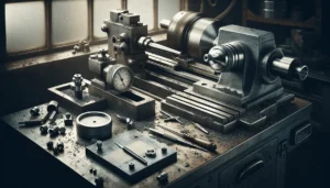 Hardness tester and thickness gauge integrated on a steel workbench in a professional lathe workshop.