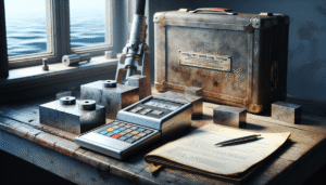 Portable hardness tester, calibration blocks, and a weathered steel sample from a hydroelectric water channel on a wooden workbench, illustrating hardness testing for PLTA inspection.