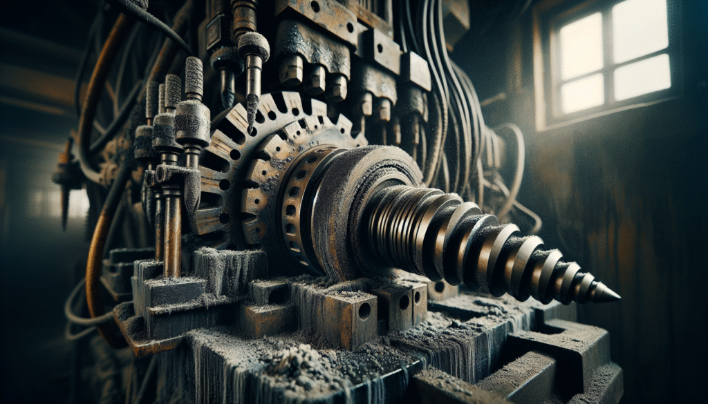 Close-up of worn mining equipment in Indonesia showing authentic wear patterns on drill bits and excavator teeth for an article on HTML output.