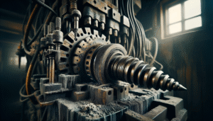 Close-up of worn mining equipment in Indonesia showing authentic wear patterns on drill bits and excavator teeth for an article on HTML output.