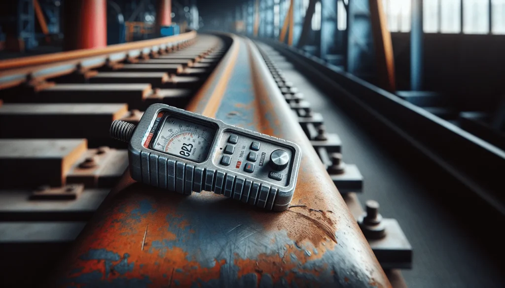 Ultrasonic thickness gauge measuring rust patina on steel roller coaster beam during amusement park facility inspection.