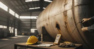Technician performing ultrasonic NDT inspection on a chemical storage tank wall, following a gas leak incident, with API 653 standard visible.