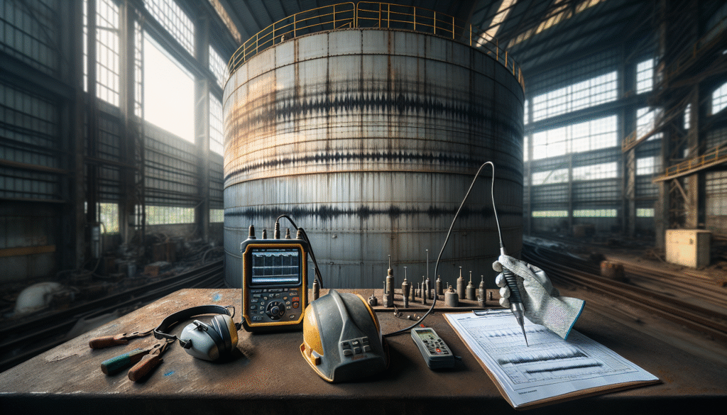 Technician performing ultrasonic NDT inspection on a chemical storage tank wall, following a gas leak incident, with API 653 standard visible.